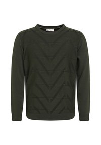 Maglione verde oliva con un motivo geometrico testurizzato, collo a giro e maniche lunghe. Realizzato in morbido tessuto lavorato a maglia con polsini a costine.