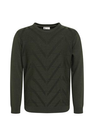 Maglione verde oliva con un motivo geometrico testurizzato, collo a giro e maniche lunghe. Realizzato in morbido tessuto lavorato a maglia con polsini a costine.