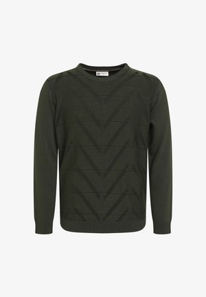 Olīvu zaļš džemperis ar teksturētu ģeometrisku rakstu, apaļu kakla izgriezumu un garām piedurknēm. Izgatavots no mīksta adījuma auduma ar ribotiem piegriezumiem.