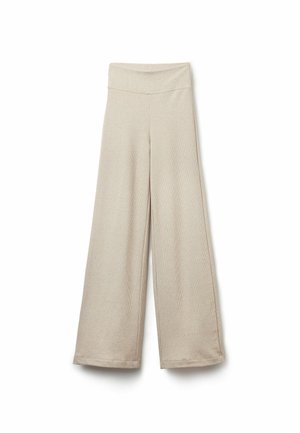 Pantalones de pierna ancha beige con una banda elástica, que presentan una textura acanalada y un corte recto, finalizando por encima del tobillo.