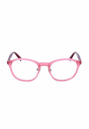 Occhiali rettangolari rosa traslucidi con lenti trasparenti e aste rosa scuro, mostrati su uno sfondo bianco.