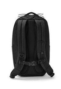 Schwarzer Rucksack mit gepolsterten Schultergurten, Netzrücken, verstellbarer Schnalle und Reißverschluss. Glattes Material mit matter Oberfläche.