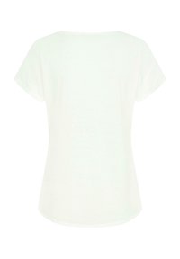 T-shirt blanc uni à manches courtes avec un col rond et un ourlet légèrement incurvé, vu de dos.