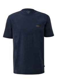 Marineblauwe T-shirt met korte mouwen en ronde hals, met in kleine bruine tekst "NEEM EEN GELDIGE PAUZE" op de linkerborst.