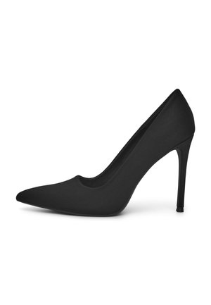 Scarpa nera con punta affilata e tacco alto, caratterizzata da una finitura opaca liscia, silhouette elegante e tacco sottile a stiletto. Nessun abbellimento visibile.