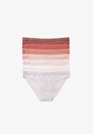 Sæt med syv kvinders bomulds trusser i forskellige nuancer, herunder rød, pink, beige og grå, med elastisk talje med logo.