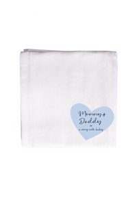 White fabric with a smooth texture, featuring a light blue heart design with the text "Mummy + Daddy = a very cute baby."