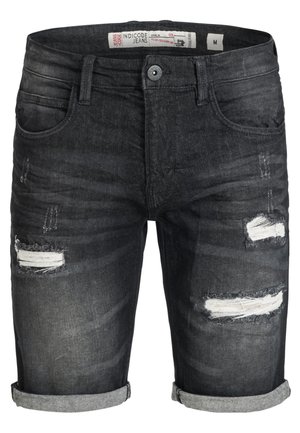 Donkergrijze denim shorts met gescheurde franjes, omgeslagen zoom, vijf zakken en een knoopsluiting. Gemaakt van katoen met een gestructureerde afwerking.