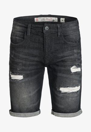 Dunkelgraue Jeans-Shorts mit ausgefransten Rissen, umgeschlagenen Säumen, fünf Taschen und einem Knopfverschluss. Hergestellt aus Baumwolle mit einer strukturierten Oberfläche.