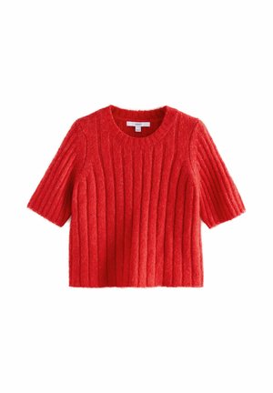 Pull rouge à manches courtes en matière texturée côtelée, avec un col rond et un design légèrement court.