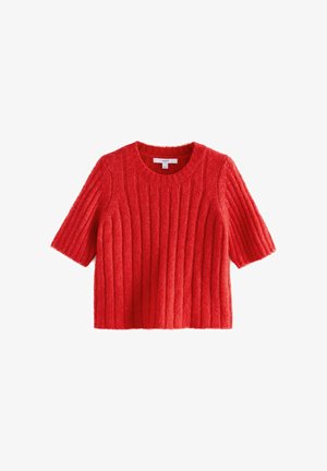 Röd kortärmad sweater i ribbad textur, med rund halsringning och något kortad design.