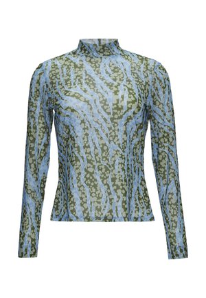 Long-sleeve top with a high neckline, featuring a green and light blue abstract pattern and a smooth texture.