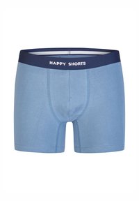 Modré boxerky z měkké látky s tmavě modrým pasem, na kterém je nápis "HAPPY SHORTS" bíle.
