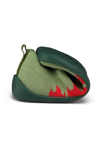 Green knitted shoe with a textured surface, featuring a red flame pattern on the toe and a durable rubber sole for support.