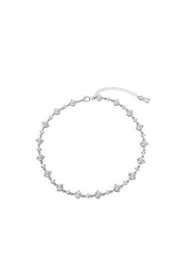 Silver-tone bracelet featuring circular clear crystals set in a repeating geometric pattern with a clasp and adjustable chain extension.