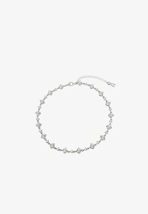 Silver-tone bracelet featuring circular clear crystals set in a repeating geometric pattern with a clasp and adjustable chain extension.