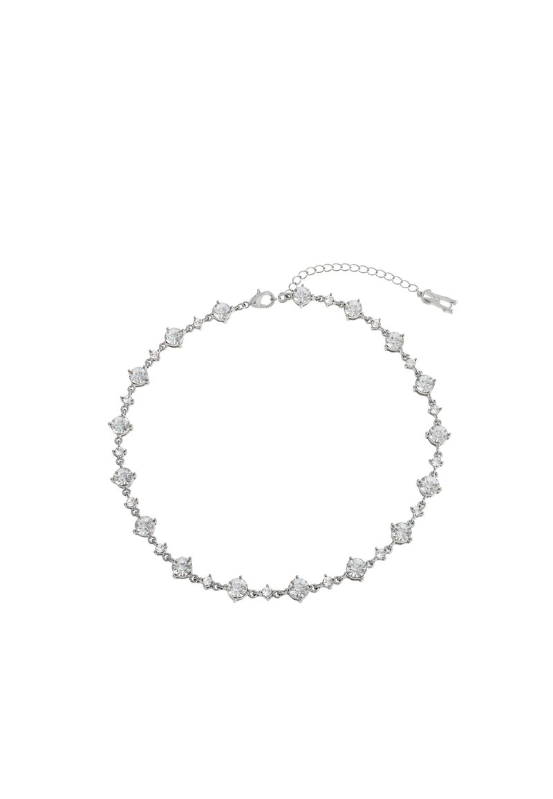 Silver-tone bracelet featuring circular clear crystals set in a repeating geometric pattern with a clasp and adjustable chain extension.