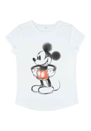 Weißes T-Shirt mit kurzen Ärmeln, das ein Grafikdesign von Mickey Mouse zeigt, illustriert in Schwarz und Rot, mit übergroßen Ohren und runden Schuhen.
