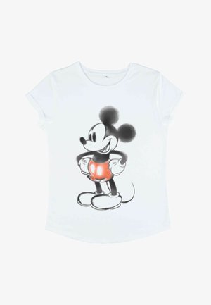 Biała koszulka z krótkim rękawem z grafiką Myszki Miki, ilustrowana na czarno i czerwono, z przerośniętymi uszami i okrągłymi bucikami.
