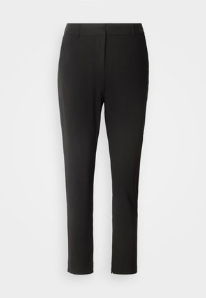 Schwarze Hosen mit geradem Bein, aus glattem Stoff gefertigt, mit flachem Bund und ohne sichtbare Muster oder Metallteile.