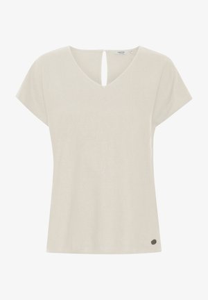 Blusa corta beige chiaro con maniche a sbuffo, scollatura a V e taglio a chiave nella parte posteriore. Realizzata in morbido tessuto testurizzato. Presenta un piccolo logo decorativo in fondo.