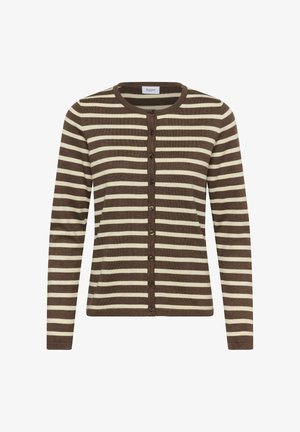 Braun- und cremefarbener, horizontal gestreifter, langärmeliger Knopfkarteigan mit Rundhalsausschnitt und neun vorderen Knöpfen.