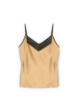 Beżowa satynowa koszulka na cienkich czarnych ramiączkach z dekoltem w kształcie litery V ozdobiona czarnymi poziomymi paskami z siateczki.