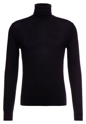 Suéter negro de cuello alto, hecho de un material suave, corte ajustado, mangas largas, puños y dobladillo acanalados, con un sutil logo en el pecho.