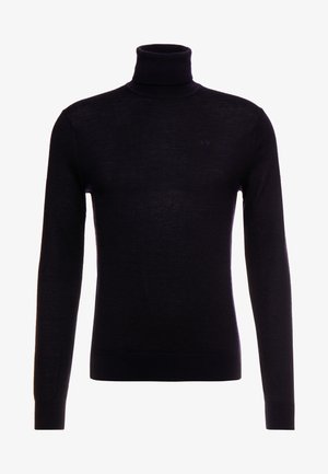 Pull à col roulé noir, en matière douce, coupe ajustée, manches longues, bords-côtes aux poignets et à l'ourlet, avec un logo discret sur la poitrine.