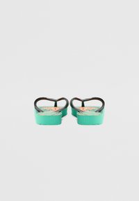 Black flip-flops with textured straps and a turquoise base, featuring a colorful pattern on the footbed. Rounded design, flat sole.
