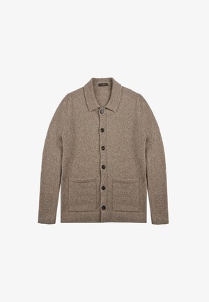 Beige Wollcardigan mit einem Kragen, sieben Frontknöpfen, zwei Fronttaschen und strukturiertem Strickstoff.