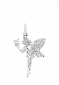 Ciondolo di fata in argento con ali dettagliate. Presenta pietre trasparenti sulle ali, un anello per il fissaggio e il marchio "925" per l'argento sterling.