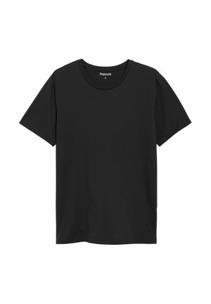 Zwarte katoenen t-shirt met korte mouwen en een ronde hals. Heeft een eenvoudig ontwerp, een soepele textuur en geen zichtbare patronen of accenten.