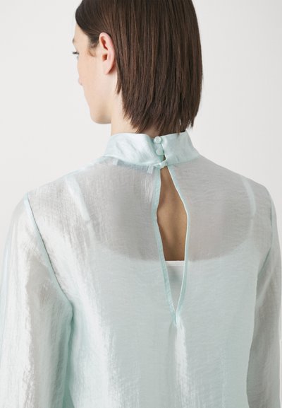 Blusa trasparente azzurra chiara con colletto alto, apertura a forma di chiave sul retro e chiusura con bottoni. Texture liscia con una finitura leggermente stropicciata.