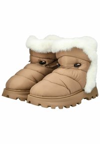 Bruine gewatteerde winterlaarzen met een witte nep-bont rand, dikke rubberen zool met een gestructureerde grip en dubbele zwarte toggle voor een verstelbare pasvorm.