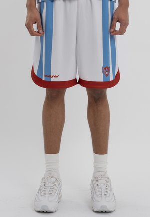 Shorts de basketball blancs avec des rayures verticales bleues, un ourlet rouge et un logo. Fabriqués en matériau respirant, avec une texture en mesh.
