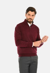 Pullover bordeaux con zip in morbido tessuto a maglia, con collo alto e polsini a coste, abbinato a pantaloni grigi.