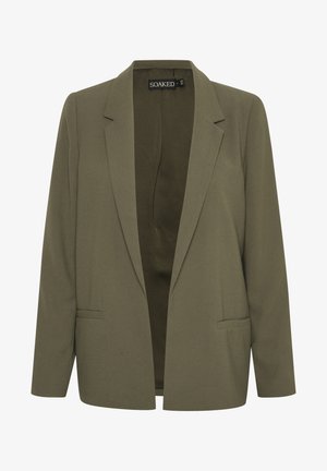 Maslinasto zeleni sako s reverima, dva prednja džepa i otvorenim dizajnom. Izrađeno od glatkog materijala s krojenim fitom.