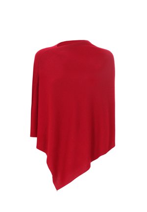 Poncho rosso in maglia con vestibilità rilassata; presenta un collo alto e un orlo asimmetrico, che mette in evidenza la morbida trama e la finitura liscia.