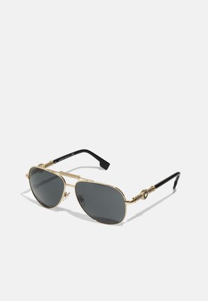 Gold metal sunglasses with gray lenses, rectangular shape, featuring intricate side details and black temple arms.