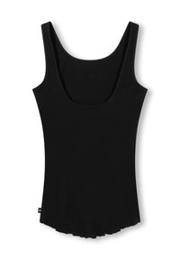Top de tirantes negro con canalé, con un escote amplio y diseño sin mangas. El dobladillo presenta un sutil borde ondulado para agregar detalle.
