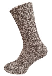 Calze lavorate a maglia con una texture a coste, caratterizzate da un motivo marrone e crema. Il risvolto è leggermente arruffato nella parte superiore per un tocco di originalità.