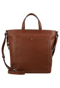 Sac fourre-tout en cuir brun avec finition texturée, deux poignées supérieures, une bandoulière amovible et une poche avant. Accents en métal argenté.