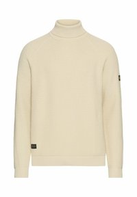 Cremfarbener Rollkragenpullover mit strukturiertem Strickmuster, gerippten Bündchen und Saum. Besitzt ein kleines Markenpatch am linken Ärmel.