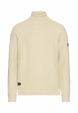 Crèmekleurige coltrui met een gestructureerd breipatroon, geribbelde manchetten en zoom. Bevat een klein merklabel op de linker mouw.