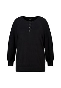 Zwarte lange mouw pullovertrui met een ronde halslijn en vier decoratieve bloemenknopen op de boord, middelgrote maat.