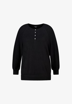 Zwarte lange mouw pullovertrui met een ronde halslijn en vier decoratieve bloemenknopen op de boord, middelgrote maat.