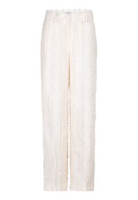 Witte, textuurrijke wijde broek met verticale strepen en rafelige details. Hoogtaille ontwerp met een gladde afwerking en geen zichtbare zakken.