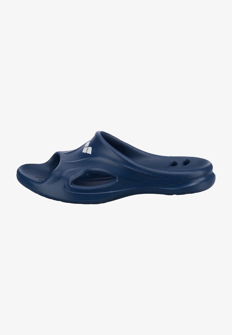 Infradito blu navy realizzati in plastica testurizzata, con punta aperta, fori laterali per la ventilazione e un piccolo logo sulla parte superiore.