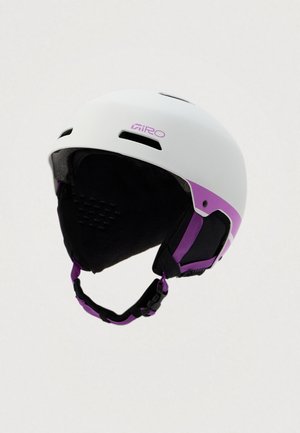 White ski helmet with purple accents, adjustable straps, ventilation slots, and a cushioned interior for comfort and protection.
